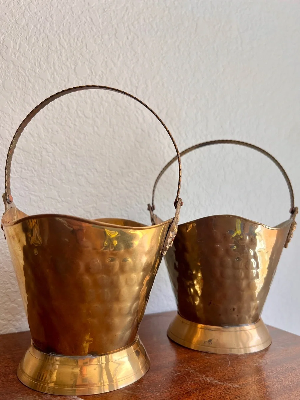 Pair of Solid Brass India Hammered Decorative Bucket Planter Basket Vintage